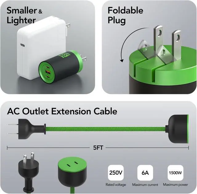 Alt view image 5 of 7 - 65W USB C Charger with 5ft Detachable Power Extension Cord, 3-Port GaN Fast Charging Station for MacBook/iPhone 17/16, Desktop Charger & Travel Power Block Dual Mode (Cyber Green)