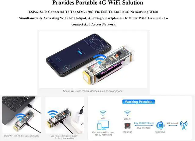 Alt view image 4 of 7 - ESP32-S3 SIM7670G 4G Development Board, LTE Cat-1/W-F/B L E/GNSS Positioning Support, Global Coverage Multi Band, 4G Portable W-F-i, Onboard Camera/Antenna, Solar/USB Charging, 4G Cat-1 Network