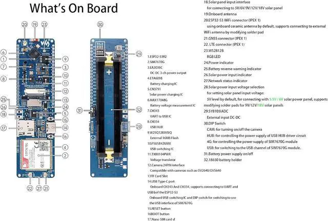 Alt view image 7 of 7 - ESP32-S3 SIM7670G 4G Development Board, LTE Cat-1/W-F/B L E/GNSS Positioning Support, Global Coverage Multi Band, 4G Portable W-F-i, Onboard Camera/Antenna, Solar/USB Charging, 4G Cat-1 Network