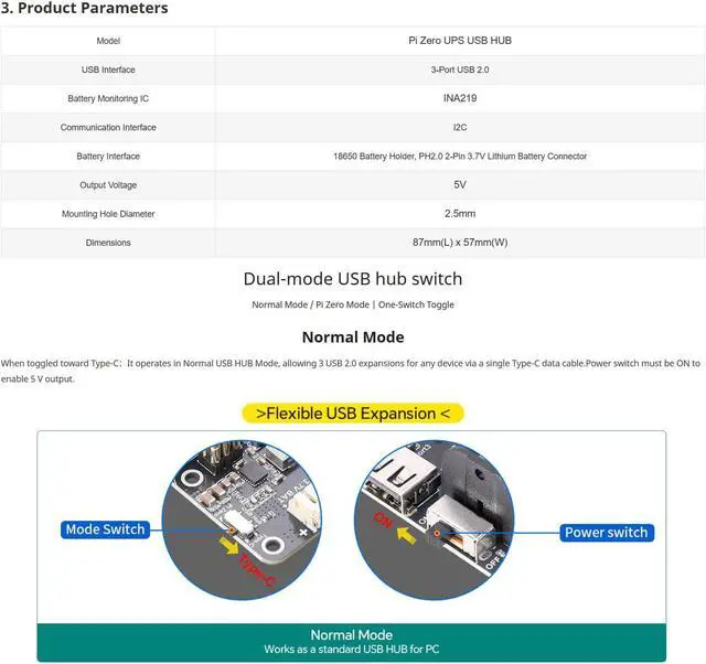 Alt view image 3 of 7 - Pi Zero UPS HUB HAT for Raspberry Pi Zero Series, 3-Port USB 2.0 Expansion Board with Power Backup, 18650 Ba-ttery Holder, Smart Charge & Discharge Management