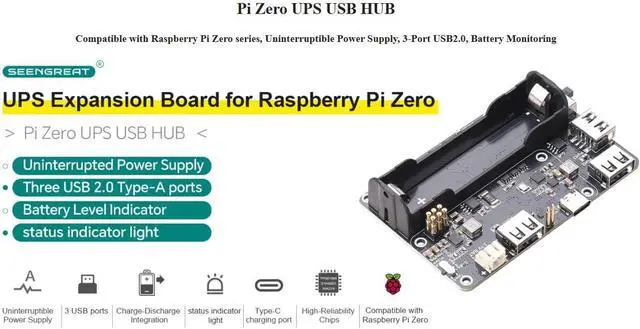 Alt view image 2 of 7 - Pi Zero UPS HUB HAT for Raspberry Pi Zero Series, 3-Port USB 2.0 Expansion Board with Power Backup, 18650 Ba-ttery Holder, Smart Charge & Discharge Management