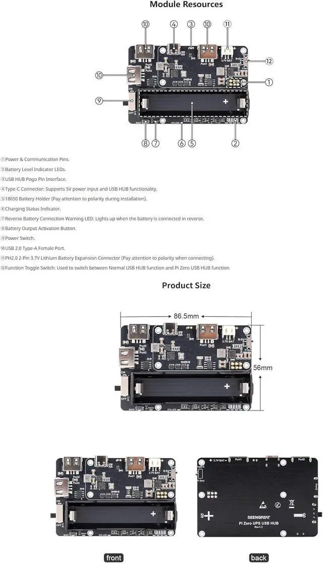 Alt view image 7 of 7 - Pi Zero UPS HUB HAT for Raspberry Pi Zero Series, 3-Port USB 2.0 Expansion Board with Power Backup, 18650 Ba-ttery Holder, Smart Charge & Discharge Management