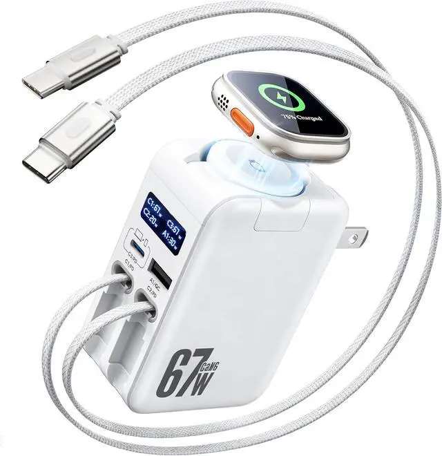 Main image of 5-in-1 Retractable Wall Charger for Apple Watch, 67W Smart Display Fast Charging GaN with 2 USB C Cables & 2 Ports, Foldable Travel Multiport Charger for iPhone 17/16/15, MacBook, iWatch,iPad