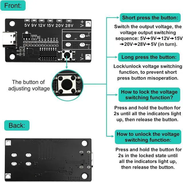 Alt view image 3 of 6 - 4PCS USB-C PD3.0/3.1 QC Trigger Module USB-C PD 5V 9V 12V 15V 20V 28V 5A Adjustable Voltage Power Trigger Board Type-C Female Input with Indicator