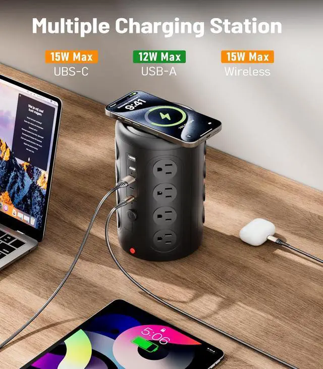 Alt view image 4 of 5 - Power Strip Tower Surge Protector, 16 Outlets and 5 USB Ports (2 USB-C), 2000 Joules Charging Station, 10FT Flat Plug Extension Cord for Home Office Dorm Room Essentials, Black