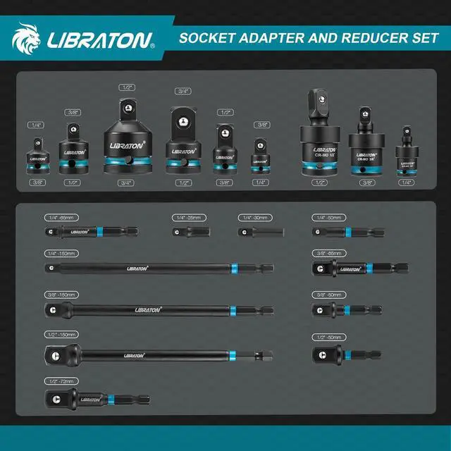 Alt view image 2 of 7 - 20PCS Socket Adapter and Reducer Set, Impact Socket Adapters, Includes Cr-V Reducers, Cr-Mo Universal Joints, Cr-V Socket Adapter Extension, XPE Foam, for Automotive Repair DIY Project