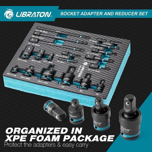 Alt view image 7 of 7 - 20PCS Socket Adapter and Reducer Set, Impact Socket Adapters, Includes Cr-V Reducers, Cr-Mo Universal Joints, Cr-V Socket Adapter Extension, XPE Foam, for Automotive Repair DIY Project