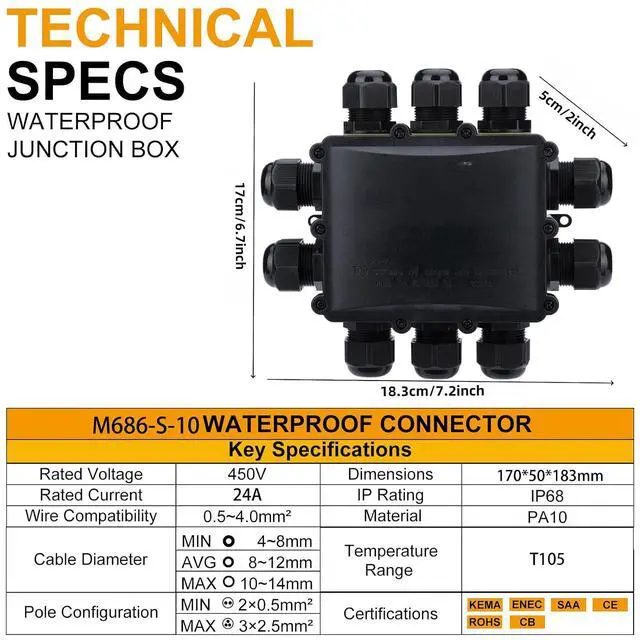 Alt view image 5 of 7 - Waterproof Junction Box - IP68 10 Way M25 Large Outdoor Electrical Box for 4-14mm Cables, Heavy Duty Multi Wire Connector for Garden Underground and Exterior Power Wiring