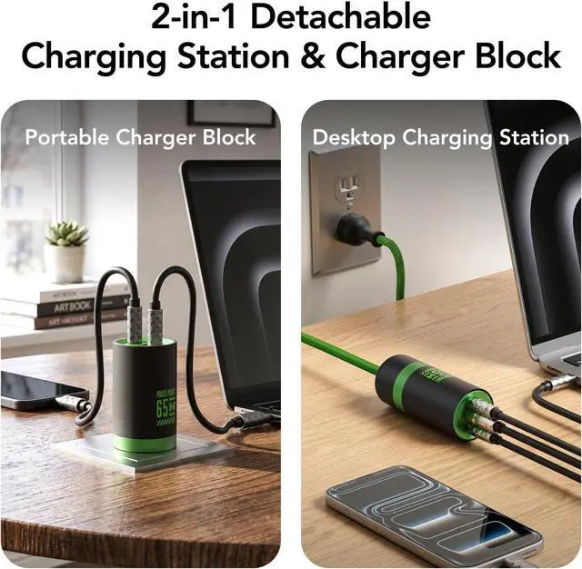 Alt view image 2 of 7 - 65W USB C Charger with 5ft Detachable Power Extension Cord, 3-Port GaN Fast Charging Station for MacBook/iPhone 17/16, Desktop Charger & Travel Power Block Dual Mode (Cyber Green)
