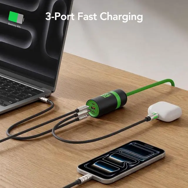 Alt view image 3 of 7 - 65W USB C Charger with 5ft Detachable Power Extension Cord, 3-Port GaN Fast Charging Station for MacBook/iPhone 17/16, Desktop Charger & Travel Power Block Dual Mode (Cyber Green)