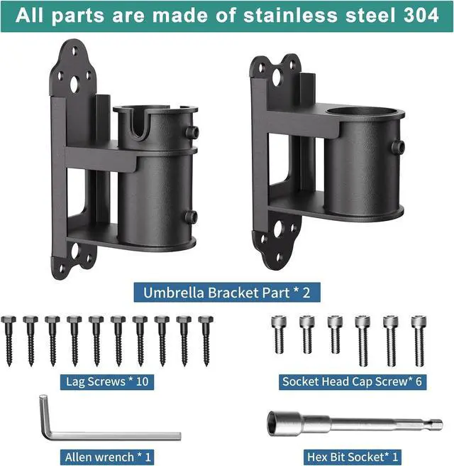 Alt view image 2 of 7 - Patio Umbrella Holder, Stainless Steel Outdoor Umbrella Mount Bracket for Deck Railing, Adjustable Base Width (Fit MAX OD 2 Inch)