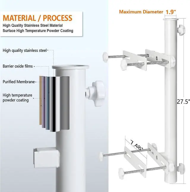 Alt view image 3 of 6 - Heavy Duty 304 Stainless Steel Patio Umbrella Holder, for Outdoor Fixed Deck Railing (Fit Max OD 1.9 Inch) Sun Umbrella Base and Bracket(Post, White)