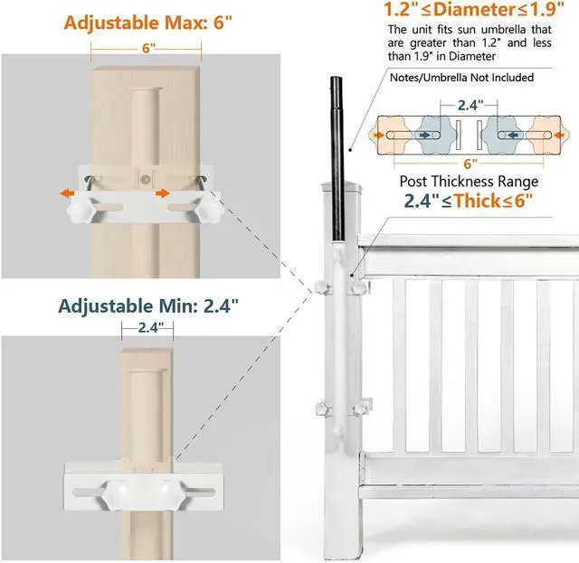 Alt view image 5 of 6 - Heavy Duty 304 Stainless Steel Patio Umbrella Holder, for Outdoor Fixed Deck Railing (Fit Max OD 1.9 Inch) Sun Umbrella Base and Bracket(Post, White)