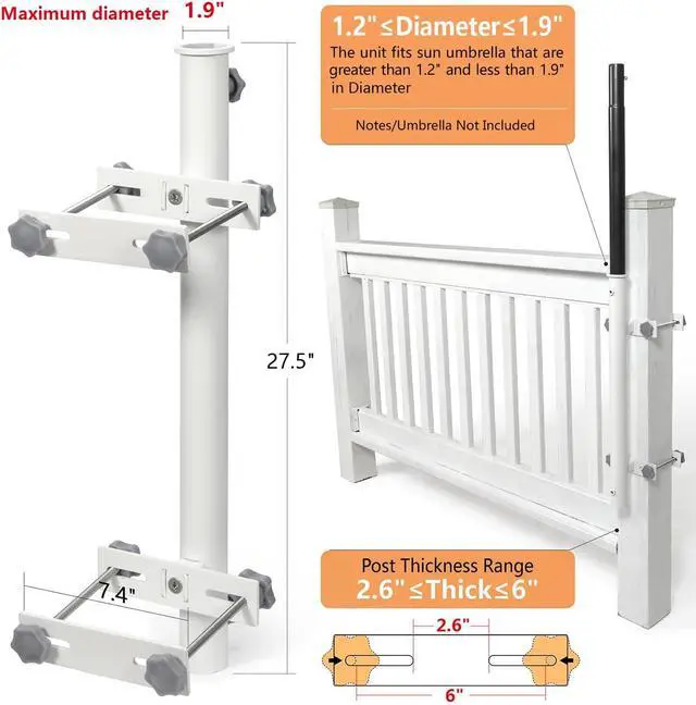 Alt view image 3 of 6 - 304 Stainless Steel Patio Umbrella Holder, Heavy-Duty Umbrella Deck Mount, for Outdoor Umbrella Holder for Deck Railing,Post Deck Umbrella Mount (Post, White)