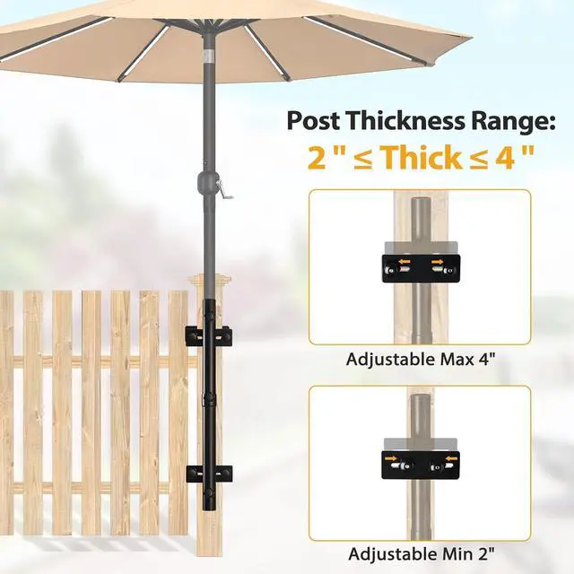 Alt view image 3 of 6 - Patio Umbrella Holder for Deck Railing, Adjustable Deck Umbrella Mount Outdoor, Attachable to Railing Mounting Brackets - Upgraded 3 Screws to Secure Umbrella Handle, Maximizes Deck Space (Dark)