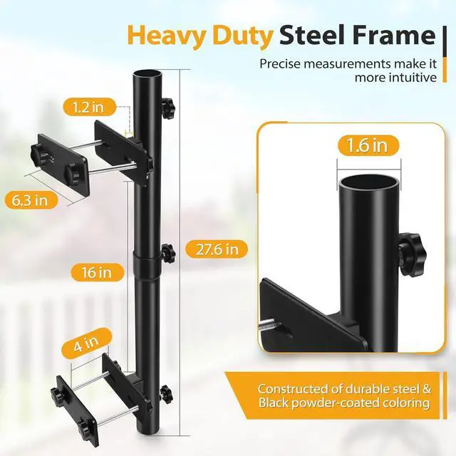 Alt view image 2 of 6 - Patio Umbrella Holder for Deck Railing, Adjustable Deck Umbrella Mount Outdoor, Attachable to Railing Mounting Brackets - Upgraded 3 Screws to Secure Umbrella Handle, Maximizes Deck Space (Dark)