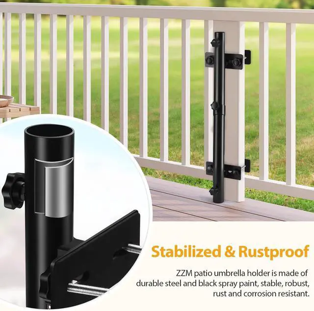 Alt view image 4 of 6 - Patio Umbrella Holder for Deck Railing, Adjustable Deck Umbrella Mount Outdoor, Attachable to Railing Mounting Brackets - Upgraded 3 Screws to Secure Umbrella Handle, Maximizes Deck Space (Dark)