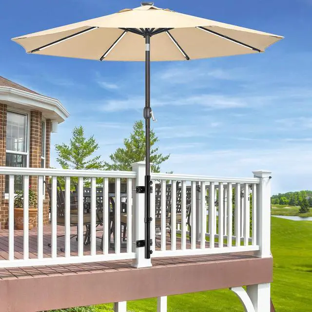 Alt view image 6 of 6 - Patio Umbrella Holder for Deck Railing, Adjustable Deck Umbrella Mount Outdoor, Attachable to Railing Mounting Brackets - Upgraded 3 Screws to Secure Umbrella Handle, Maximizes Deck Space (Dark)