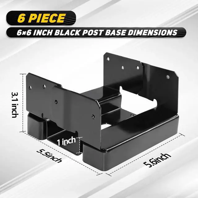 Alt view image 5 of 7 - 6x6 Post Base Brackets Fit for Wooden Columns Fence Concrete Inner Size 5.5"x5.5" Post Anchor Base Holder Kit -Black 6Pcs