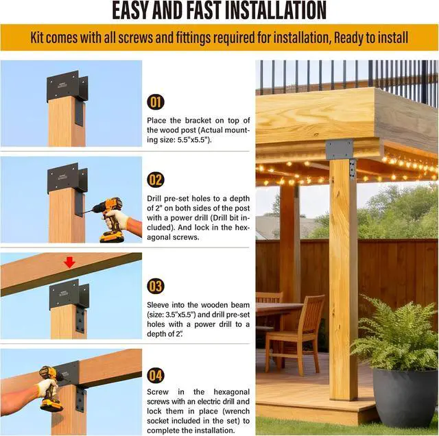 Alt view image 5 of 7 - 1pc 4x6 (Actual 3.5"x5.5") Post Cap Tie Bracket, Stainless Steel Wood Beam Support Bracket, for Gazebos, Patio Decks, and Porches Wood Post to Beam Support (Dark Ggray)