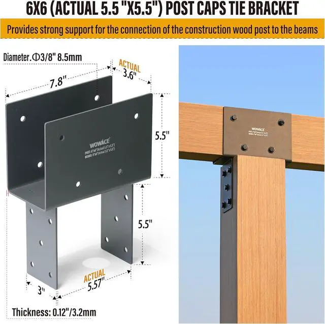 Alt view image 2 of 7 - 1pc 4x6 (Actual 3.5"x5.5") Post Cap Tie Bracket, Stainless Steel Wood Beam Support Bracket, for Gazebos, Patio Decks, and Porches Wood Post to Beam Support (Dark Ggray)
