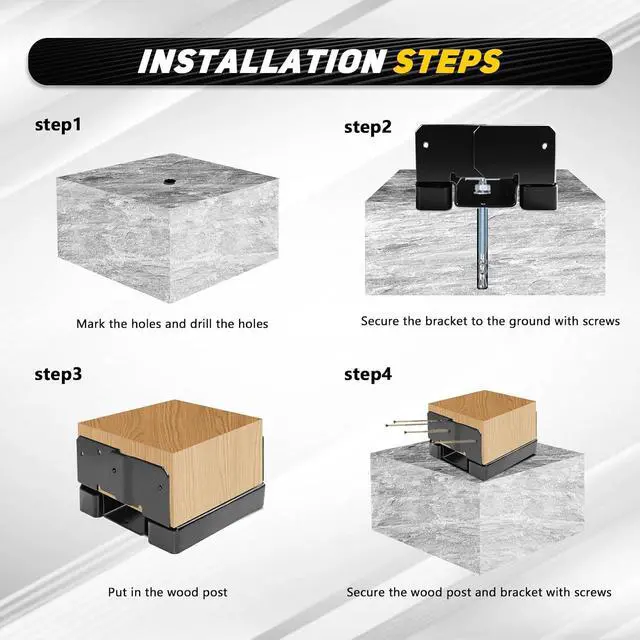 Alt view image 6 of 7 - 6x6 Post Base Brackets Fit for Wooden Columns Fence Concrete Inner Size 5.5"x5.5" Post Anchor Base Holder Kit -Black 6Pcs
