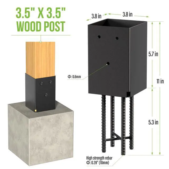 Alt view image 2 of 7 - 4 Pack Metal Post Base Holder, 4''x4'' (Internal 3.5"x3.5"), Post Anchor Brackets Ground Spike Use for Concrete Deck for Wood Fence, Railing, Pergola, Porch (Black)