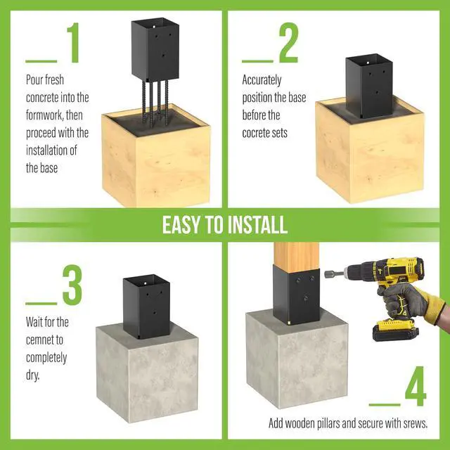 Alt view image 6 of 7 - 4 Pack Metal Post Base Holder, 4''x4'' (Internal 3.5"x3.5"), Post Anchor Brackets Ground Spike Use for Concrete Deck for Wood Fence, Railing, Pergola, Porch (Black)
