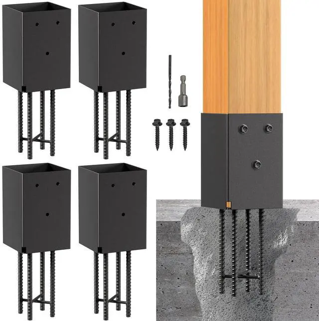 Main image of 4 Pack Metal Post Base Holder, 4''x4'' (Internal 3.5"x3.5"), Post Anchor Brackets Ground Spike Use for Concrete Deck for Wood Fence, Railing, Pergola, Porch (Black)