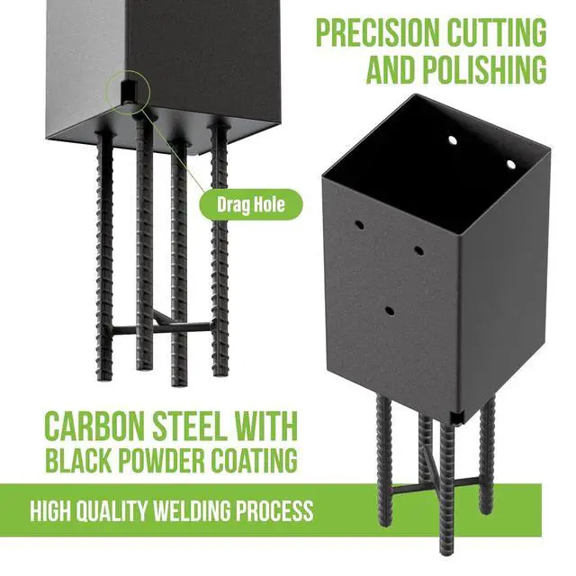 Alt view image 4 of 7 - 4 Pack Metal Post Base Holder, 4''x4'' (Internal 3.5"x3.5"), Post Anchor Brackets Ground Spike Use for Concrete Deck for Wood Fence, Railing, Pergola, Porch (Black)