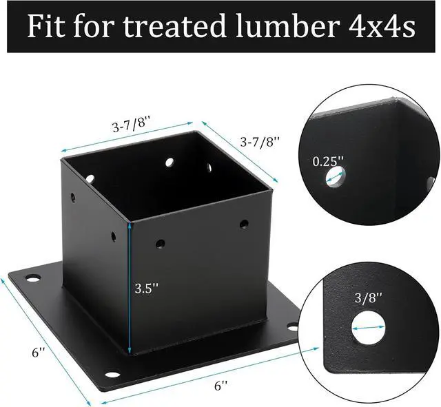 Alt view image 2 of 7 - 4 Pack 4 x 4 Post Base, Inner Size 3.6 X 3.6 Inch Iron Post Bracket with Black Coating Heavy Duty Flange Anchor Base, Support Deck Base with Screws for Pavilion, Deck Railing, Fence, Mailbox