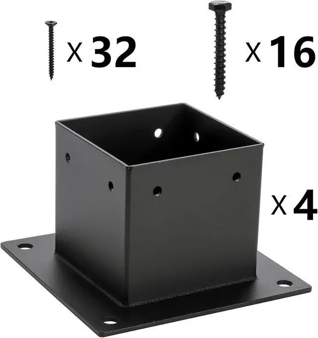 Alt view image 3 of 7 - 4 Pack 4 x 4 Post Base, Inner Size 3.6 X 3.6 Inch Iron Post Bracket with Black Coating Heavy Duty Flange Anchor Base, Support Deck Base with Screws for Pavilion, Deck Railing, Fence, Mailbox