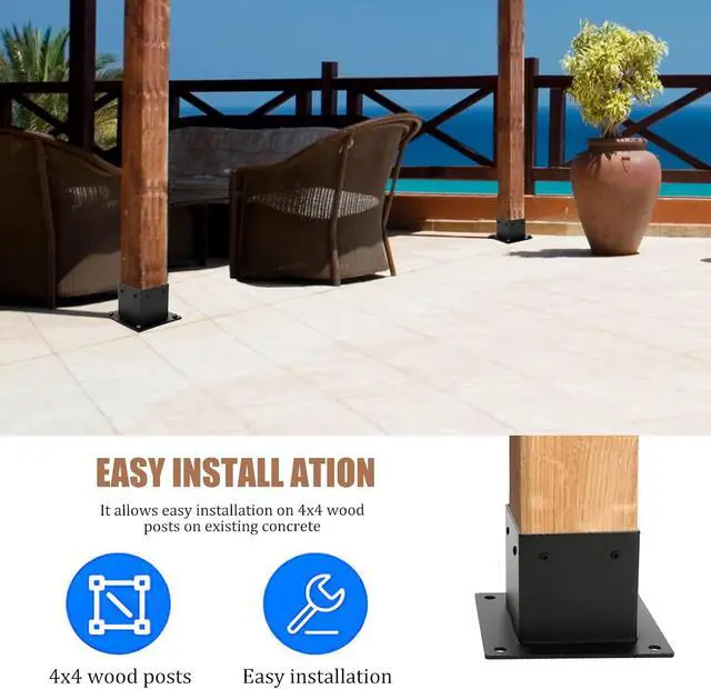 Alt view image 5 of 7 - 4 Pack 4 x 4 Post Base, Inner Size 3.6 X 3.6 Inch Iron Post Bracket with Black Coating Heavy Duty Flange Anchor Base, Support Deck Base with Screws for Pavilion, Deck Railing, Fence, Mailbox