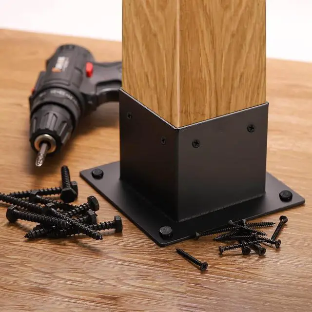 Alt view image 6 of 7 - 4 Pack 4 x 4 Post Base, Inner Size 3.6 X 3.6 Inch Iron Post Bracket with Black Coating Heavy Duty Flange Anchor Base, Support Deck Base with Screws for Pavilion, Deck Railing, Fence, Mailbox