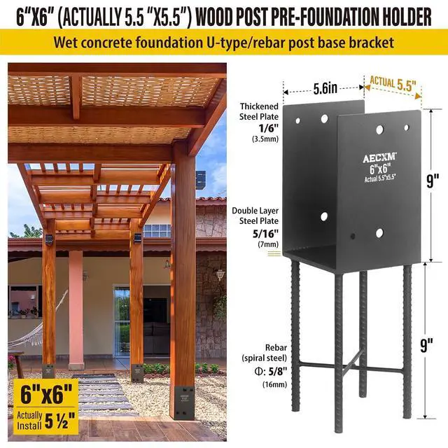 Alt view image 2 of 7 - 6"x6" (Actually 5.5"x5.5") Heavy Duty U-Shaped Fence Post Holder Bracket, Wet Concrete Post Bracket, for Deck railings, Fences, gazebos Wet Concrete Foundation Support (Black-1Pack)