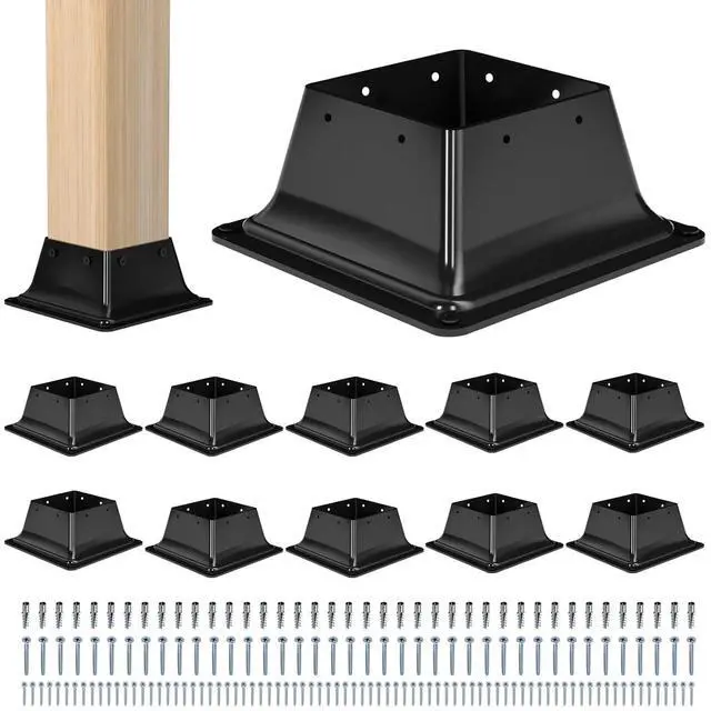 Main image of 4x4 Post Base 10PC-Inner Size 3.6x3.6-Metal Post Brackets-Deck Post Anchors-Solid Steel-Powder Coated-Wood Post Holder for Porch Handrail Railing Pergola Fence Pavilion-Support Deck Base