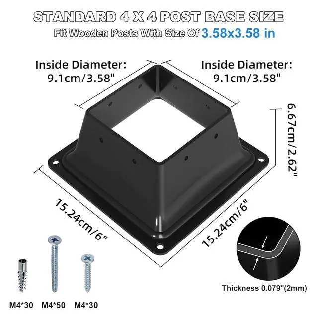 Alt view image 3 of 7 - 4x4 Post Base 10PC-Inner Size 3.6x3.6-Metal Post Brackets-Deck Post Anchors-Solid Steel-Powder Coated-Wood Post Holder for Porch Handrail Railing Pergola Fence Pavilion-Support Deck Base
