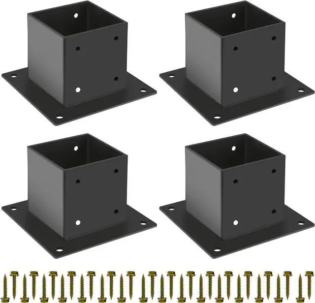 Main image of 4×4 Post Base 4 Pcs,Deck Post Brackets,Inner Size 3.5"x3.5" Thick Steel Fence Post Anchor Base,Black Powder Coated Heavy Fence Post,for Supports Porch Railing Post Holders Pergola Brackets