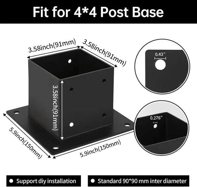 Alt view image 3 of 7 - 4×4 Post Base 4 Pcs,Deck Post Brackets,Inner Size 3.5"x3.5" Thick Steel Fence Post Anchor Base,Black Powder Coated Heavy Fence Post,for Supports Porch Railing Post Holders Pergola Brackets