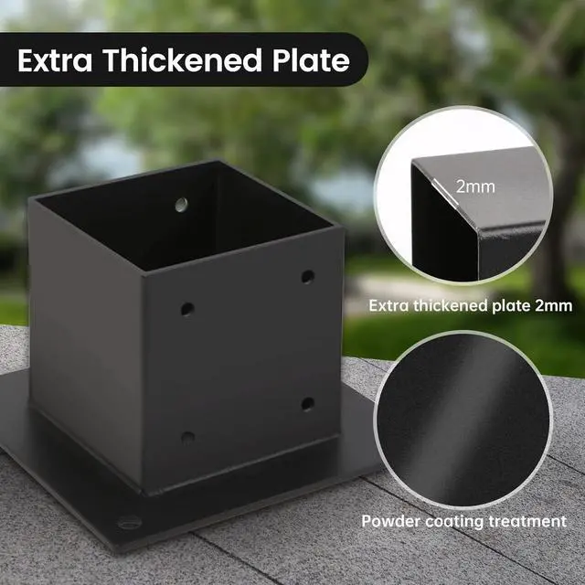 Alt view image 6 of 7 - 4×4 Post Base 4 Pcs,Deck Post Brackets,Inner Size 3.5"x3.5" Thick Steel Fence Post Anchor Base,Black Powder Coated Heavy Fence Post,for Supports Porch Railing Post Holders Pergola Brackets