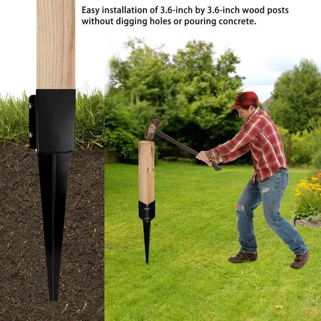 Alt view image 7 of 7 - 24 inch Fence Post Anchor Ground Spike Heavy Duty Metal Black Powder Coated Fence Stakes Post Base, 4x4 Inch (Inner Size 3.6"x3.6"), Pack of 4