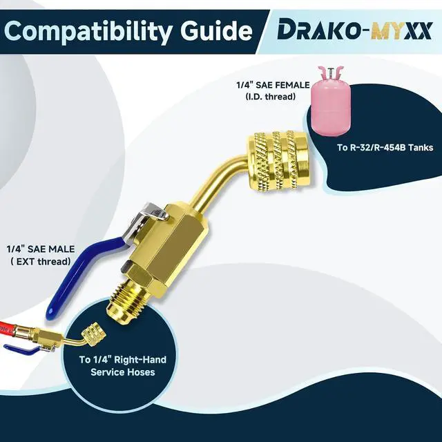 Alt view image 3 of 7 - 93867 R-32 R-454B Ball Valve Adapter, 1/4" LH Female to 1/4" RH Male, 45°x3