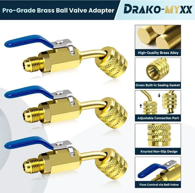 Alt view image 4 of 7 - 93867 R-32 R-454B Ball Valve Adapter, 1/4" LH Female to 1/4" RH Male, 45°x3
