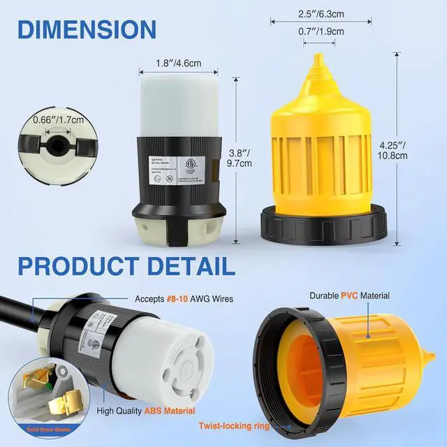 Alt view image 2 of 7 - 30AMP RV Power Inlet Outlet Shore Kit w/Boot Cord Protector ETL Listed 125V NEMA L5-30P L5-30R Twist Lock Male Female Connector Plug for RVs Camper Caravan Trailer Van