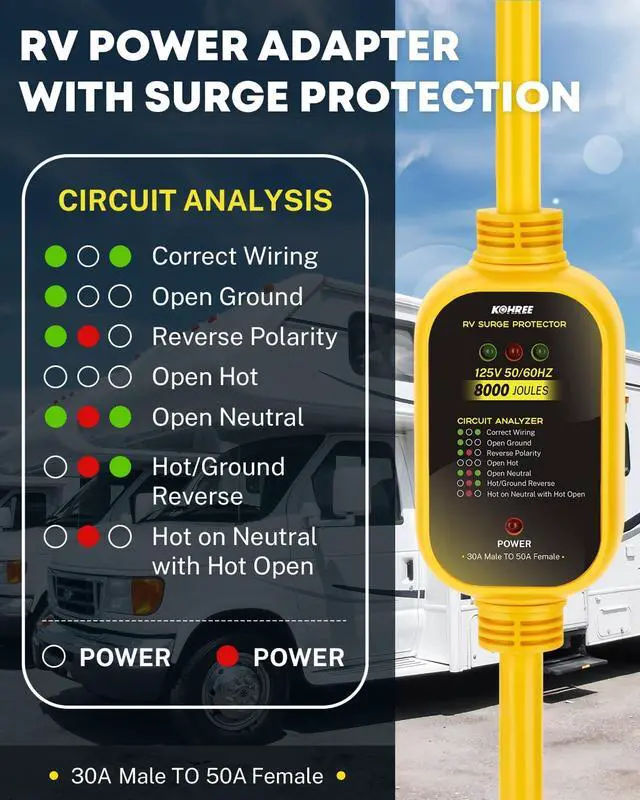 Alt view image 2 of 6 - 30 Amp to 50 Amp RV Adapter with Surge Protection, 8000 Joules RV Surge Protector 30/50 Amp, Circuit Analyzer for Camper Trailer, NEMA TT-30P to NEMA 14-50R