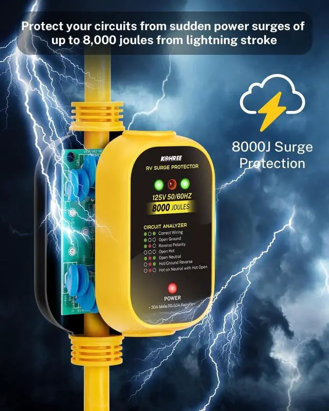 Alt view image 3 of 6 - 30 Amp to 50 Amp RV Adapter with Surge Protection, 8000 Joules RV Surge Protector 30/50 Amp, Circuit Analyzer for Camper Trailer, NEMA TT-30P to NEMA 14-50R