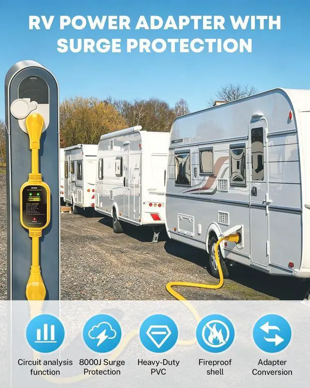 Alt view image 4 of 6 - 30 Amp to 50 Amp RV Adapter with Surge Protection, 8000 Joules RV Surge Protector 30/50 Amp, Circuit Analyzer for Camper Trailer, NEMA TT-30P to NEMA 14-50R