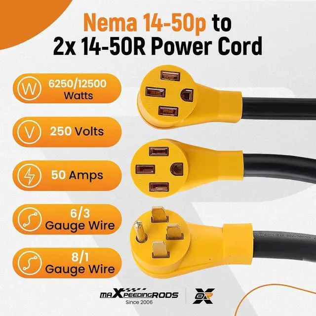 Alt view image 2 of 7 - 50 Amp Y Splitter Adapter Cord 4 Prong 250V