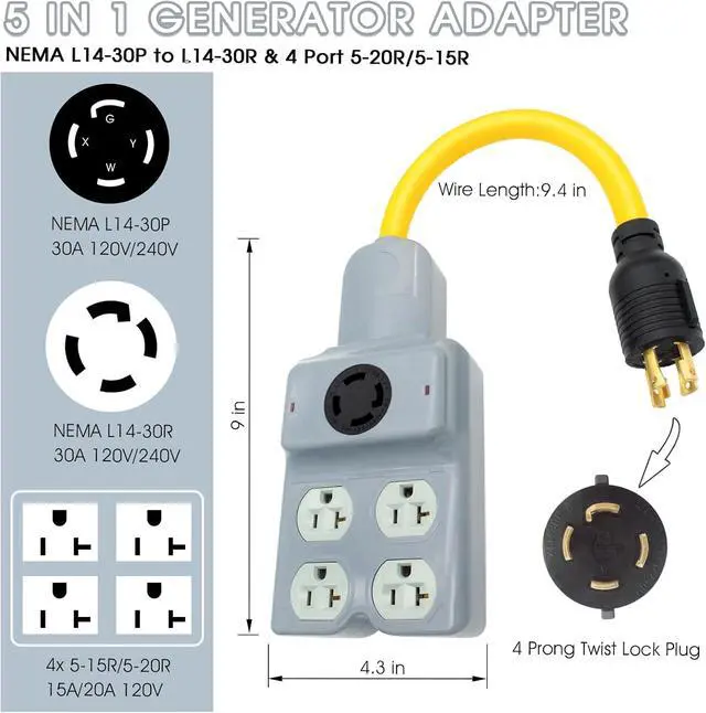 Alt view image 2 of 7 - 240V to 120V Adapter, NEMA L14-30P to L14-30R & 5-20R/5-15R, Gray