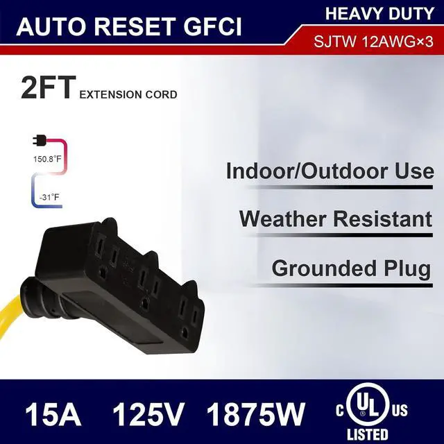 Alt view image 2 of 7 - 2FT Auto Reset 12/3 Gauge SJTW Heavy Duty GFCI Extension Cord with 3 Prong Grounded Plug, 15 AMP Yellow Outdoor Extension Cable with LED Lighted, UL Listed, 1 Pack (GFCI Plug)